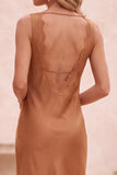 Burnt Orange Cowl Neck Satin Sheath Maxi Wedding Guest Dress with Lace