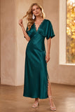 Peacock Blue Satin Sheath Lace V-Neck Short Sleeves Long Wedding Guest Dress with Slit