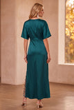 Peacock Blue Satin Sheath Lace V-Neck Short Sleeves Long Wedding Guest Dress with Slit