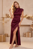 Burgundy Sheath High Neck Cap Sleeves Ruched Long Wedding Guest Dress with Lace Slit