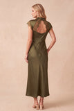 Olive Satin Sheath High Neck Cut Out Long Wedding Guest Dress with Lace