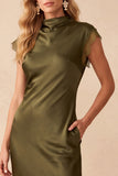 Olive Satin Sheath High Neck Cut Out Long Wedding Guest Dress with Lace
