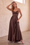 Coffee A-Line Satin Spaghetti Straps Long Wedding Guest Dress with Lace
