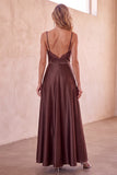 Coffee A-Line Satin Spaghetti Straps Long Wedding Guest Dress with Lace