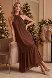 Coffee Halter A-Line Ruffled Chiffon Long Wedding Guest Dress with Beading