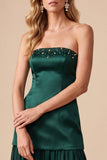 Dark Green Drop-Waist Satin Strapless Midi Wedding Guest Dress with Beading