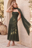 Olive Fit & Flare Strapless Beaded Chiffon Pleated Midi Wedding Guest Dress with Cape