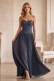 Grey Blue A-Line Chiffon Pleated Strapless Long Wedding Guest Dress with Lace