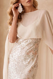 Ivory Sheath Bateau Neck Sequins Maxi Wedding Guest Dress with Chiffon Cape