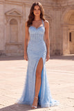 Sparkly Light Blue Rhinestones Mermaid Satin Halter Corset Tulle Long Ball Dress with Slit