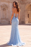 Sparkly Light Blue Rhinestones Mermaid Satin Halter Corset Tulle Long Ball Dress with Slit