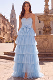 Light Blue A-Line Tulle Tiered Pearls Strapless Long Ball Dress with Bow
