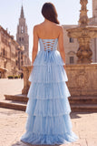 Light Blue A-Line Tulle Tiered Pearls Strapless Long Ball Dress with Bow