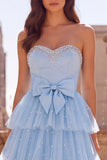 Light Blue A-Line Tulle Tiered Pearls Strapless Long Ball Dress with Bow