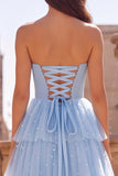 Light Blue A-Line Tulle Tiered Pearls Strapless Long Ball Dress with Bow