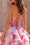 Fuchsia A-Line Strapless Tiered Ruffled Organza Floral Printed Long Prom Dress with Bow