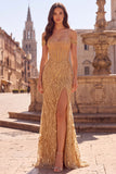 Off the Shoulder Gold Corset Sequins Mermaid Long Ball Dress with Slit