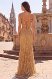Off the Shoulder Gold Corset Sequins Mermaid Long Ball Dress with Slit