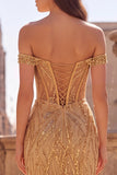 Off the Shoulder Gold Corset Sequins Mermaid Long Ball Dress with Slit