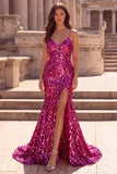 Sparkly Fuchsia Mermaid Teardrop Sequins Spaghetti Straps Long Ball Dress with Slit