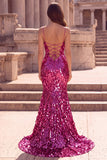 Sparkly Fuchsia Mermaid Teardrop Sequins Spaghetti Straps Long Ball Dress with Slit