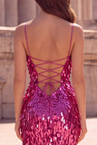 Sparkly Fuchsia Mermaid Teardrop Sequins Spaghetti Straps Long Ball Dress with Slit
