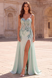 Mint Mermaid Corset Mermaid Beaded Sheer Spaghetti Straps Long Ball Dress with Draping