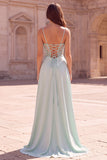 Mint Mermaid Corset Mermaid Beaded Sheer Spaghetti Straps Long Ball Dress with Draping