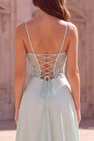Mint Mermaid Corset Mermaid Beaded Sheer Spaghetti Straps Long Ball Dress with Draping