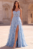 Light Blue A-Line Floral Appliques Strapless Pearls Long Ball Dress with Slit