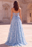 Light Blue A-Line Floral Appliques Strapless Pearls Long Ball Dress with Slit