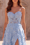 Light Blue A-Line Floral Appliques Strapless Pearls Long Ball Dress with Slit
