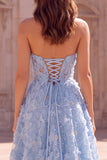 Light Blue A-Line Floral Appliques Strapless Pearls Long Ball Dress with Slit