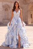 Light Blue Jacquard A-Line Tiered Ruffled Spaghetti Straps Long Ball Dress with Slit