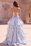 Light Blue Jacquard A-Line Tiered Ruffled Spaghetti Straps Long Ball Dress with Slit