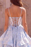 Light Blue Jacquard A-Line Tiered Ruffled Spaghetti Straps Long Ball Dress with Slit