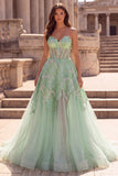 Glitter Mint Green Corset Sheer Beaded A-Line Tulle Strapless Long Ball Dress