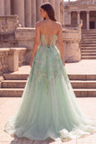 Glitter Mint Green Corset Sheer Beaded A-Line Tulle Strapless Long Ball Dress