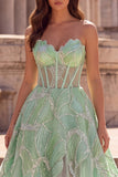 Glitter Mint Green Corset Sheer Beaded A-Line Tulle Strapless Long Ball Dress