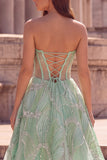 Glitter Mint Green Corset Sheer Beaded A-Line Tulle Strapless Long Ball Dress