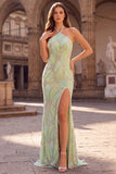 Halter Mint Green Beaded Mermaid Long Ball Dress with Slit