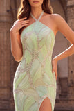 Halter Mint Green Beaded Mermaid Long Ball Dress with Slit