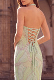 Halter Mint Green Beaded Mermaid Long Ball Dress with Slit