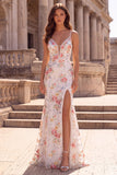 White Flower Sequins Embroidery Mermaid Spaghetti Straps Long Ball Dress with Slit