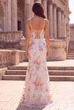 White Flower Sequins Embroidery Mermaid Spaghetti Straps Long Ball Dress with Slit