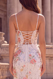 White Flower Sequins Embroidery Mermaid Spaghetti Straps Long Ball Dress with Slit