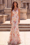 Pink Flower Mermaid Sequins Embroidery Spaghetti Straps Long Ball Dress