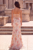 Pink Flower Mermaid Sequins Embroidery Spaghetti Straps Long Ball Dress