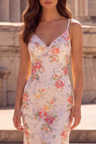 Pink Flower Mermaid Sequins Embroidery Spaghetti Straps Long Ball Dress