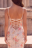Pink Flower Mermaid Sequins Embroidery Spaghetti Straps Long Ball Dress